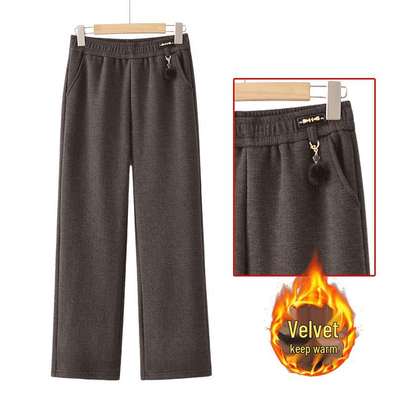 Middle-aged Women's High Waist Velvet-Lined Straight-Leg Warm Wool Pants