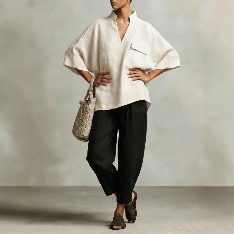 Women Loose V Neck Short Sleeve Cotton Linen Summer Shirt