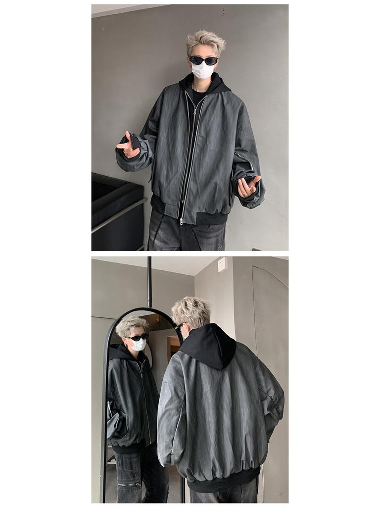 Herren Frühling & Herbst Trendige Lederjacke mit Kapuze - Zweiteiliger Stil, Amerikanischer Street Dark Rogue, Lockere Passform Pilotendesign