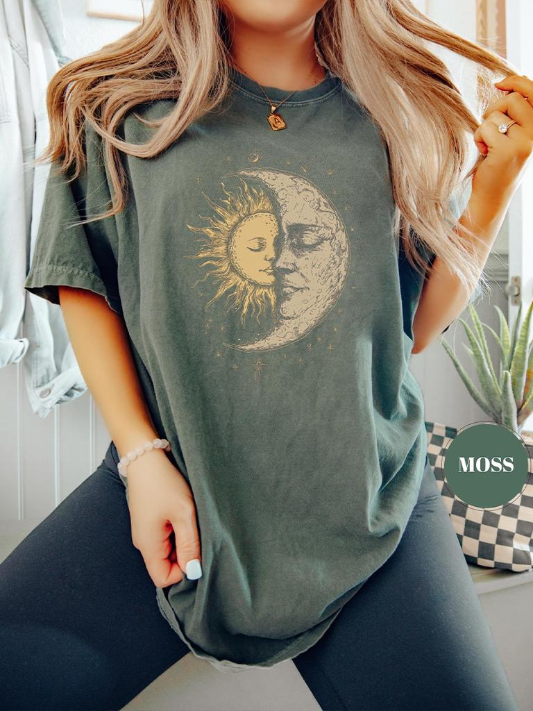 Mystical Sun and Moon Face Comfort Unisex TShirt Chic Vintage Bohemian Attire Apparel Short Sleeve Trendy Y2K Casual Streetwear