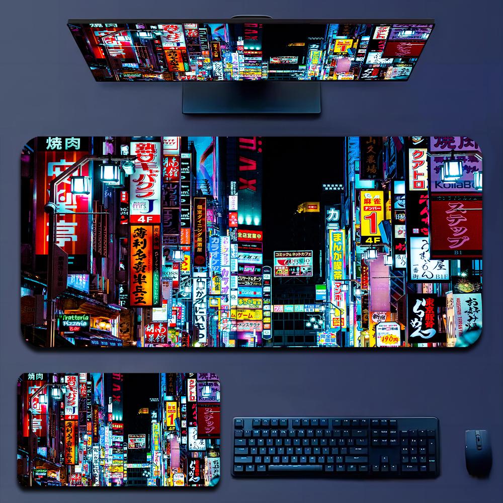 Japan Aesthetics Purple Neon City In Stocked Laptop Gaming Mice Mousepad Size for large Edge Locking Game Keyboard Pad