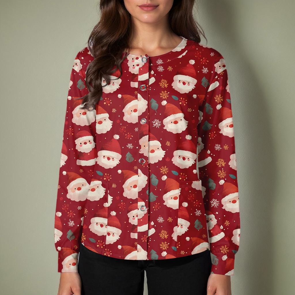 Dámský ležérní kardigan s dlouhým rukávem a jednořadým zapínáním, s vánočním potiskem, ochranný oděv