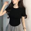 Threaded square neck curved hem short sleeved T-shirt, unique and tight fit, low neck, front shoulder, inner bottom top, JS