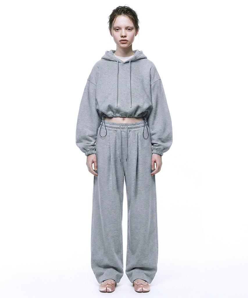 [Set] String Oversized Crop Hoodie + Single-Pleat Wide Pants - Melange