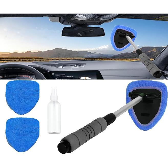 Windshield Window Cleaner Tool, Windshield Cleaner Car Windshield Cleaning Tool With Reusable Microfiber Pads Glass Wiper Kit With Extendable Handle