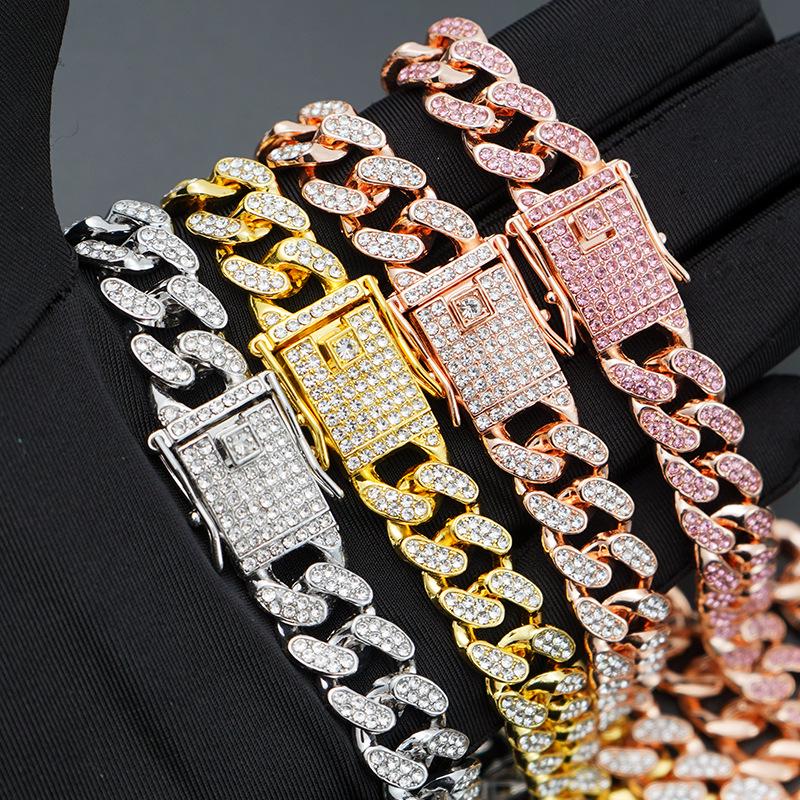 Men's 13mm Rhinestone Cuban Chain Necklace & Bracelet Set - Hip Hop Style, High Quality Alloy