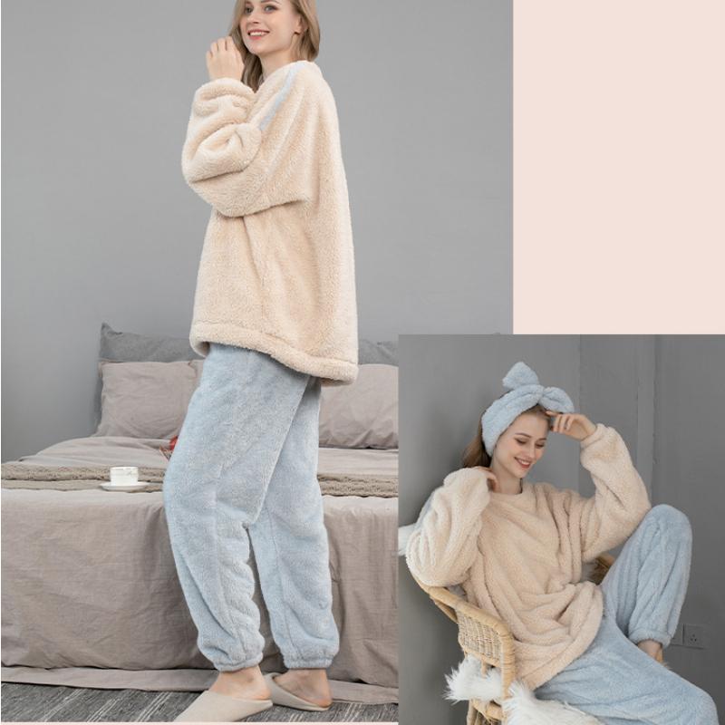 Thicken Coral Fleece Pajamas Set Women Winter Warm Vintage Casual Kawaii Sweet Girl Suit Homewear Plus Size Two-piece Suit Chic