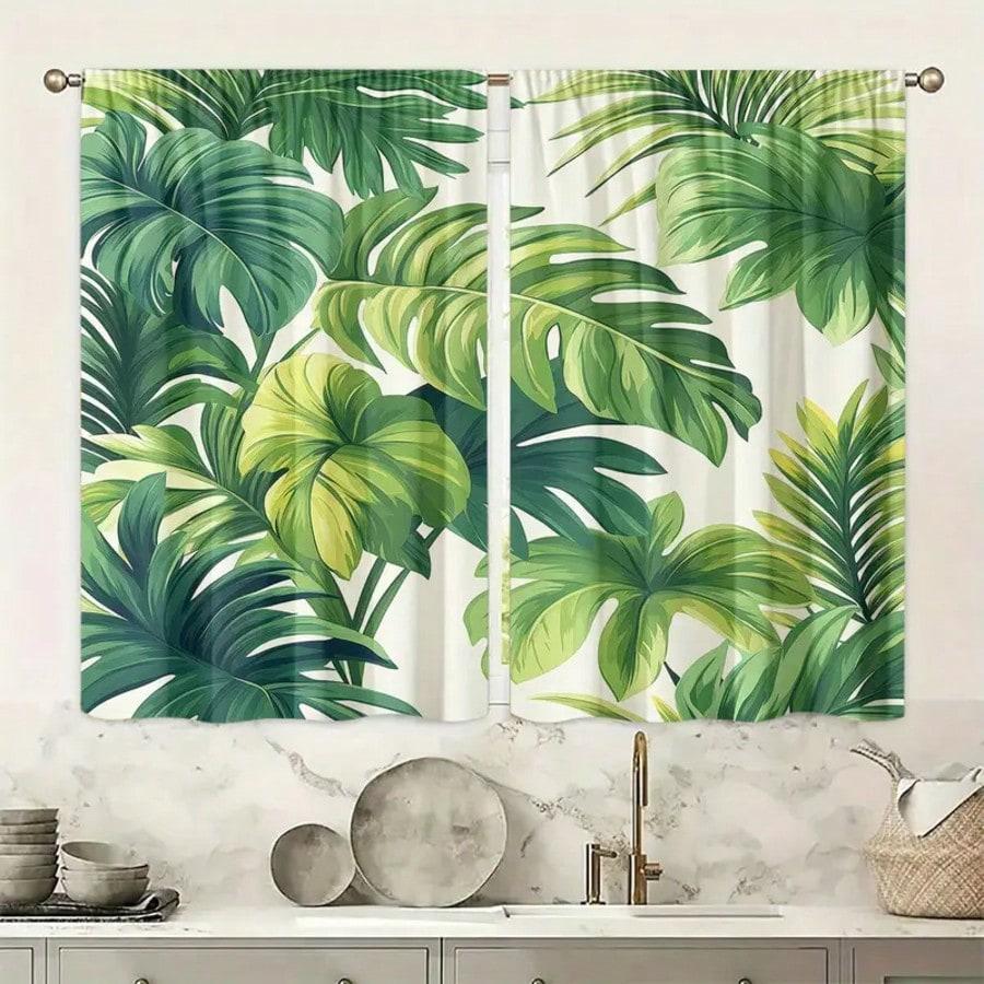 2 Pcs Polyester High Definition Digital Printed Green Leaves Pattern Sheer Curtains   Suitable For Bedroom   Living Room   Office