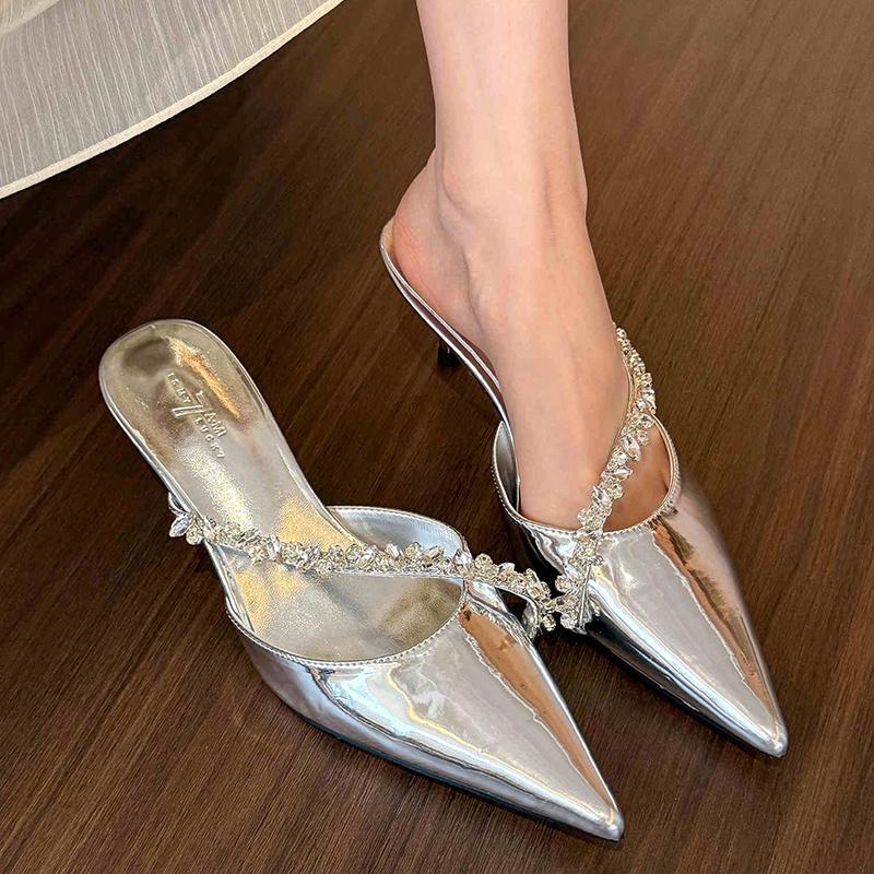 Summer Women's Fashion Crystal Mules Slippers Elegant Cover Toe Dress Slides Ladies Dancing Party High Heel Shoes