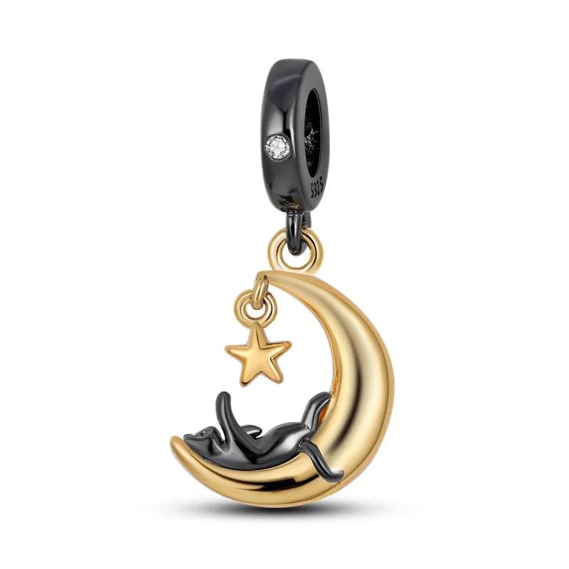 Original 925 Silver Cute Black Cat Charms Moon Dog Cat Paws Beads Pendants Rings Fit Bracelet Necklace DIY Jewelry Gift