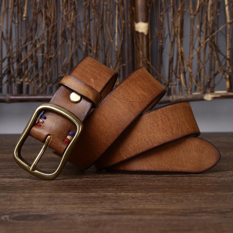 3.8CM Wide Thick Top Layer Pure Cowhide Copper Buckle Genuine Leather Belt for Men's Retro Versatile Jeans Belt