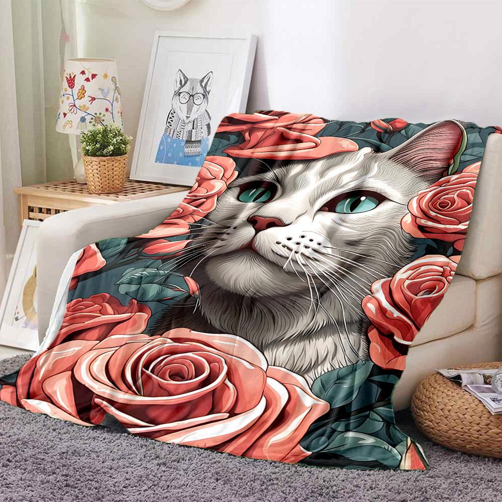 1pc Floral Cat Lightweight Flannel Blanket, Comfortable and Warm Blanket, for Office and Camping Sofa Bed001
