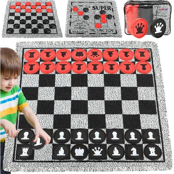 Giant 4 in 1 Chess Set,Jumbo Chess & Giant Checkers & Large Tic Tac Toe, Giant Chess Board Game for Kids Adults,Including 2 Extra Queen,Large