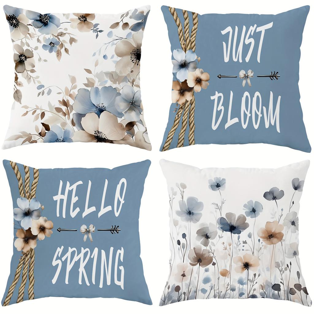 1pcs Pillow Case, Hello Spring and Floral Print Pillowcase, Living Room Sofa Chair Cushion Cover, Bedroom Room Decoration