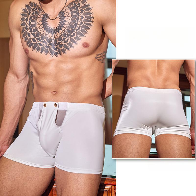 Slip da uomo aderenti in pelle PU con bottoni aperti, tasca, biancheria intima per night club, palco, corti, alta elasticità, U convessa, lingerie, mutande