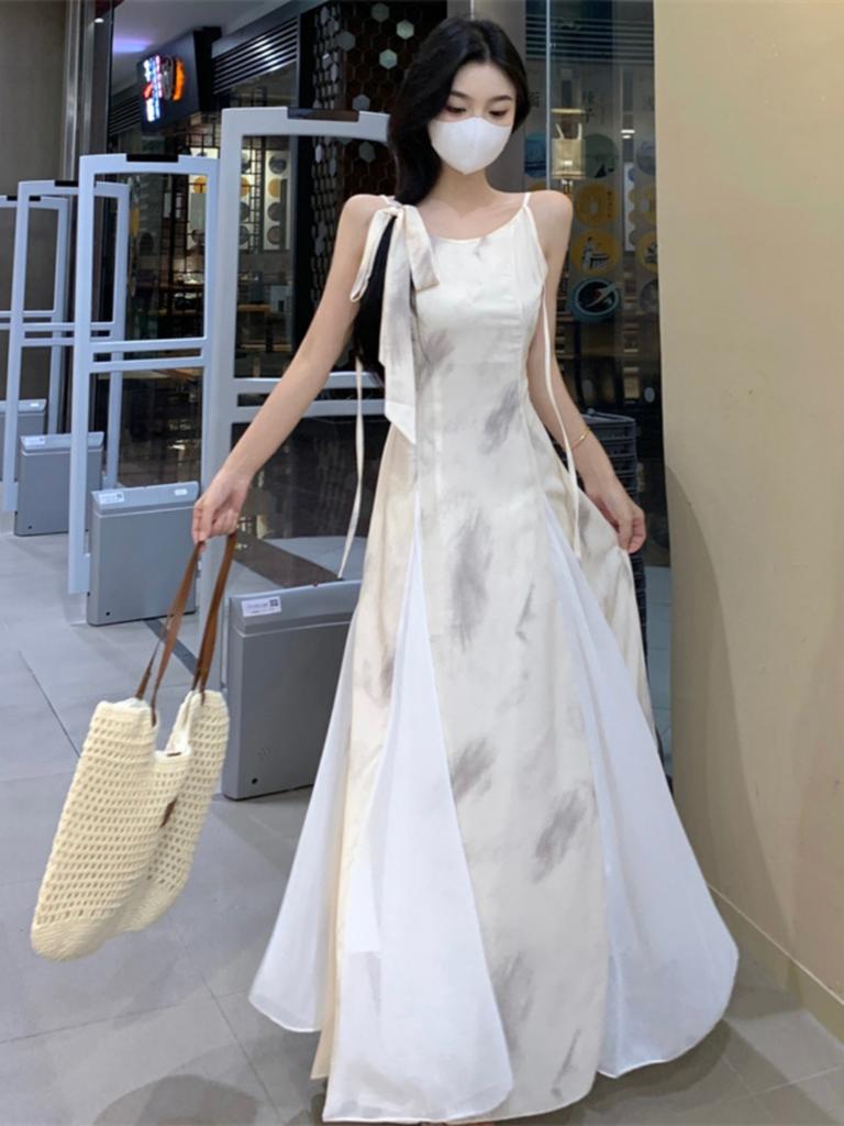 [Practice] Retro Ink Printing Suspender Dress Women's Summer Waist and Thin Big Swing Skirt A Word Length