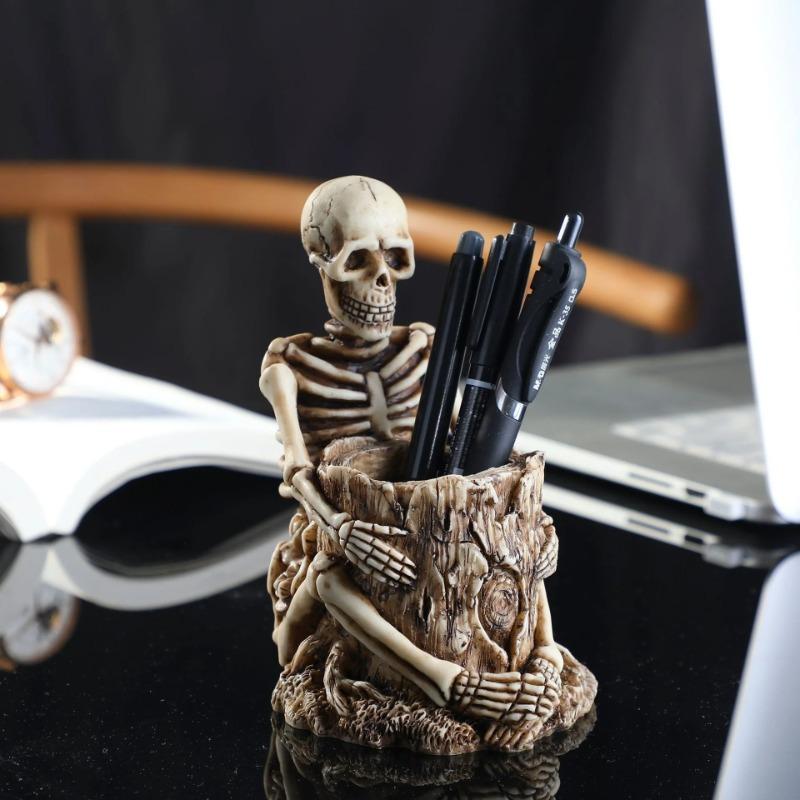 Creative Skull Multifunctional Storage Rack Desk Storage Pen Holder Resin Cosmetics Storage Halloween Gift