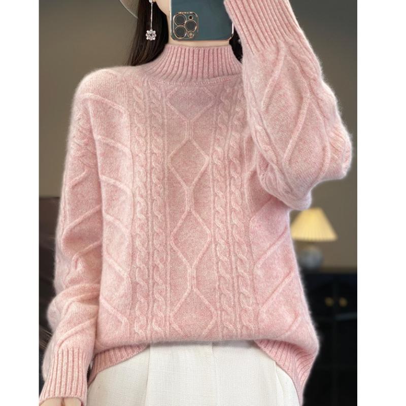 Thickened Half-high Neck Twisted Flower Cardigan for Women In Autumn and Winter New Skin-friendly and Warm Versatile Cashmere Knitted Base Shirt