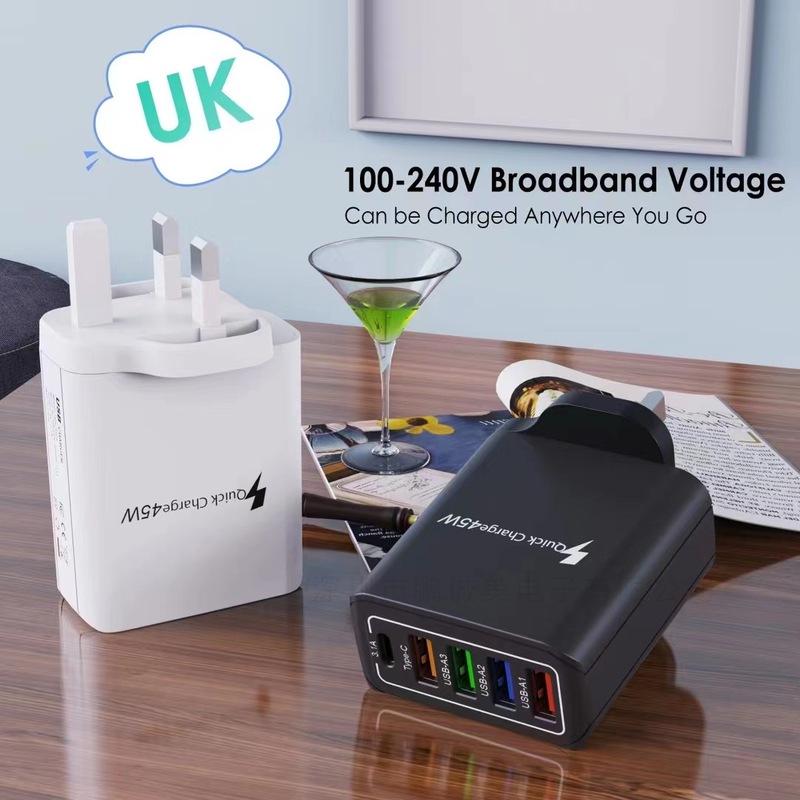 4-Port USB & 1-Port PD Mobile Phone Charger 5V 3.1A with EU, US, UK Plug