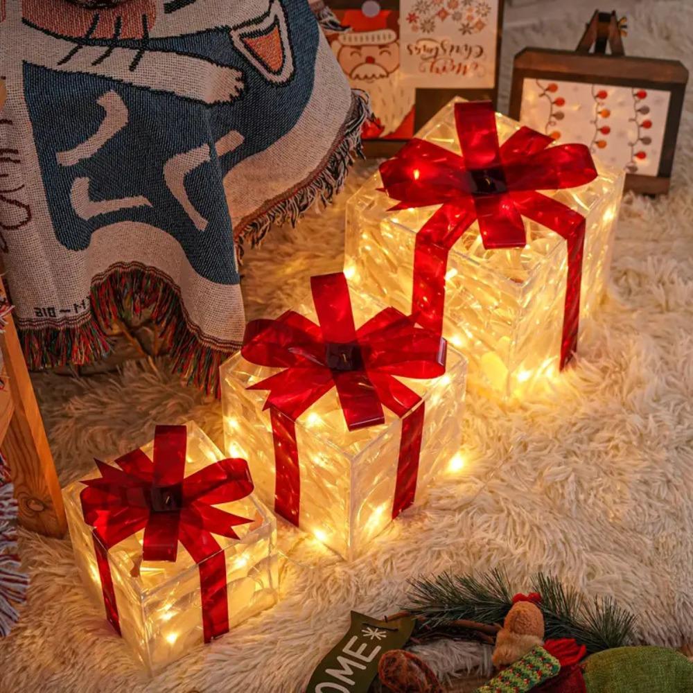 3Pcs Christmas Glowing Decoration Lighted Gift Boxes Set Navidad 50 LED Christmas LED Lights Box Present Boxes Ornament Luminous
