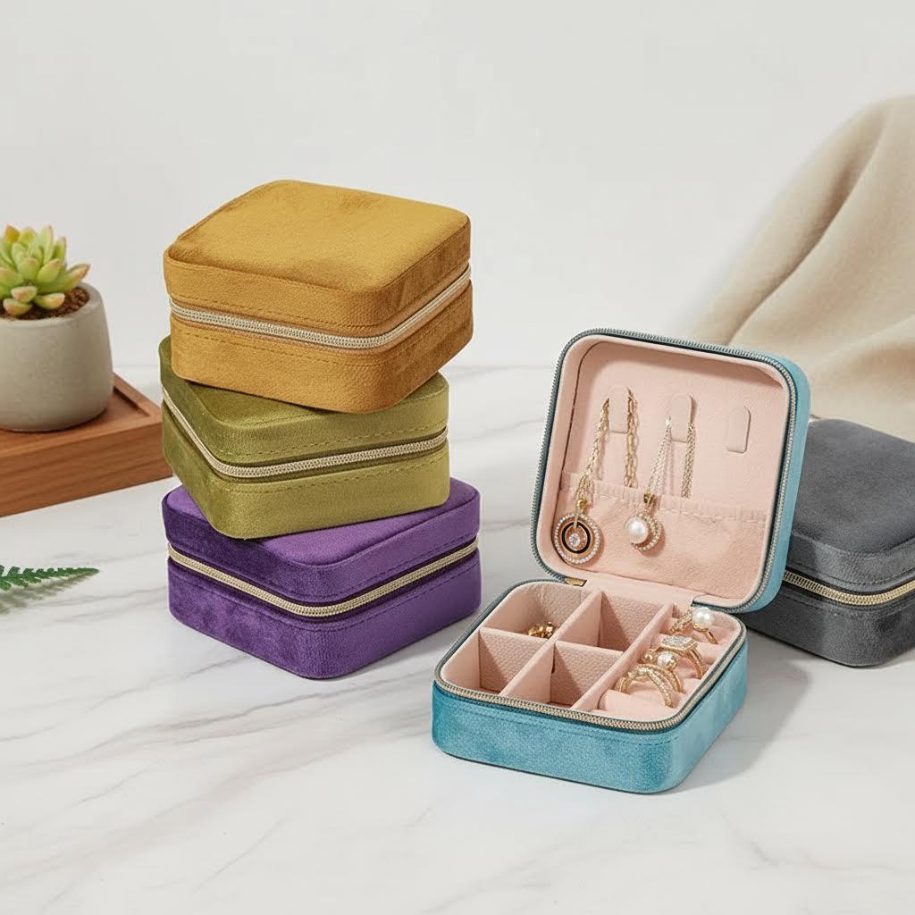 Velvet Jewelry Box For Women Necklace Ring Earrings Organizer Holder Travel Portable Zipper Square Jewelry Storage Case