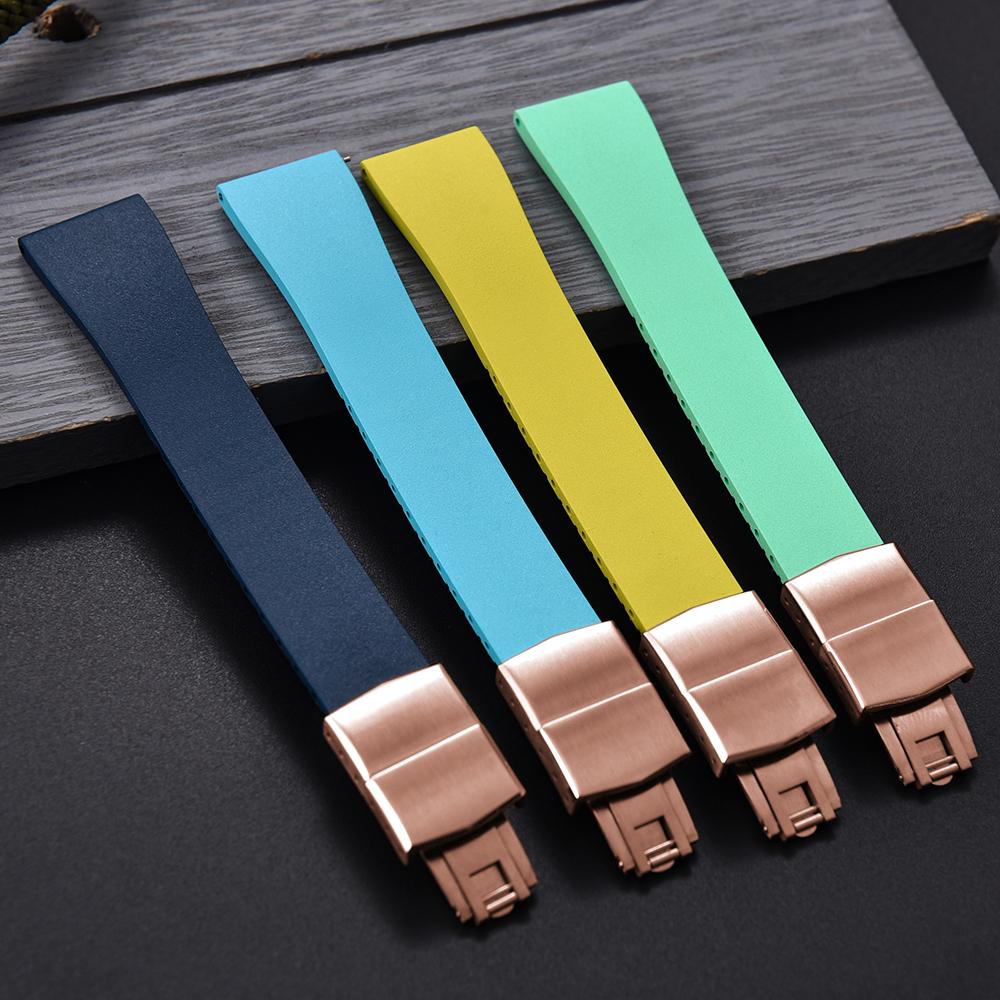 New Fluoro Rubber Watch Band CTS FKM Strap 16 18 19 20 21 22mm Cut to Size Fast Release Adjustable Universal Rose Gold Buckle