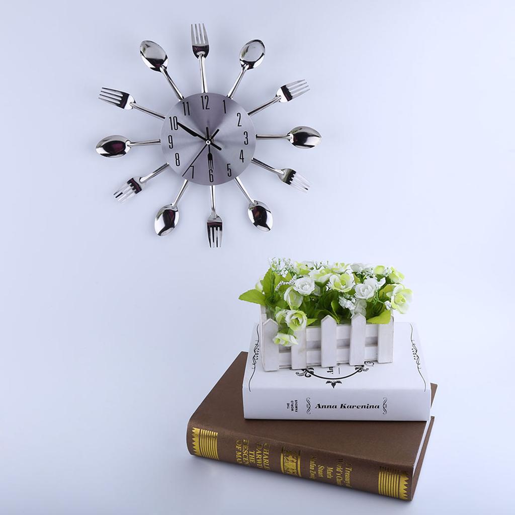 Large 3D Mirror Surface Silver Modern Design Cutlery Kitchen Utensil Spoon Fork Wall Clock DIY
