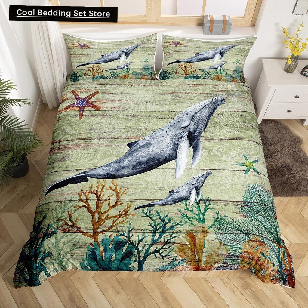 Whales King Queen Duvet Cover Ocean Animal Bedding Set Seaweed Starfish Marine Life Quilt Cover Blue Polyester Comforter Cover