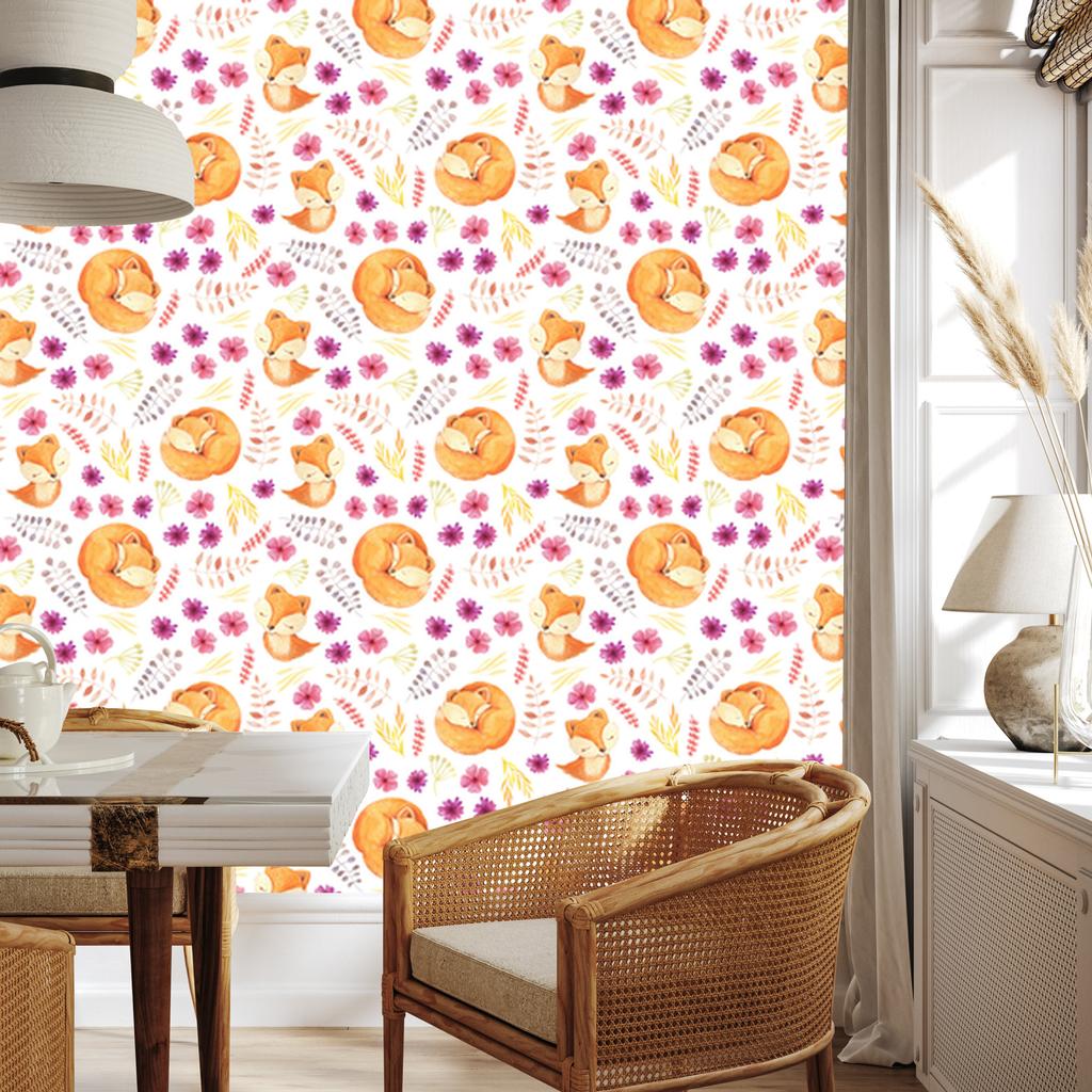 Wallpaper Little Foxes with Flowers for Living Room and Bedroom 50x1000