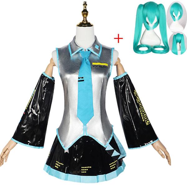 Anime Miku Cosplay Full Set Silver-Grey Patent Leather Fabric Costume Headwear Suit Outfit Jk Uniform Cosplay Halloween