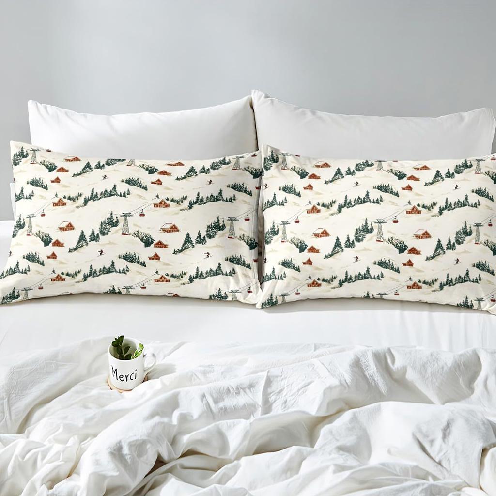 Ski Theme Duvet Cover Green Pine Cable Car Bedding Set Country Style Three-Piece Set