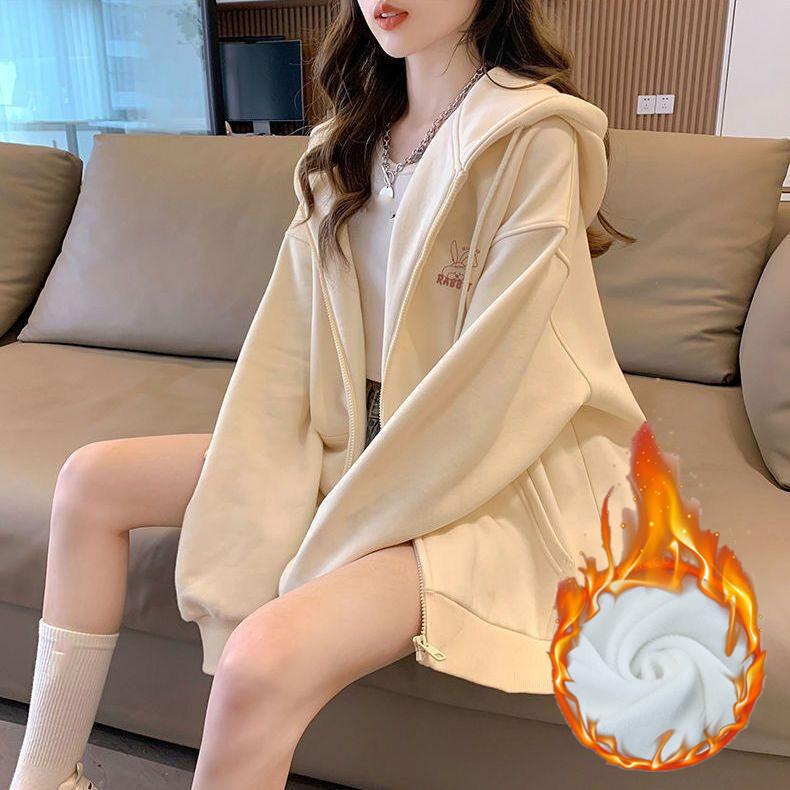 Women's Winter Warm Zipper Cardigan Hooded Loose Plus Size Hooded Top