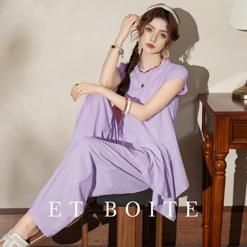 ET BOITE Women s Ruffled T-Shirt & Wide-Leg Pants Set L