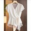 WTEMPO Women Chiffon Wrap Blouse V Neck Ruffle Sleeve Waist Tie Slim Elegant Summer Office Commuter Irregular Hem Shirt Top