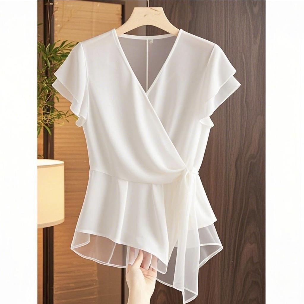 WTEMPO Women Chiffon Wrap Blouse V Neck Ruffle Sleeve Waist Tie Slim Elegant Summer Office Commuter Irregular Hem Shirt Top