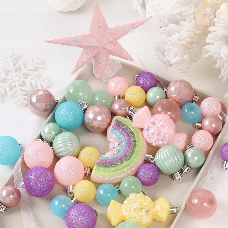 Macaron-Colored Christmas Tree Ornament Set: Painted Ball, Star, and Tree Topper Decorations