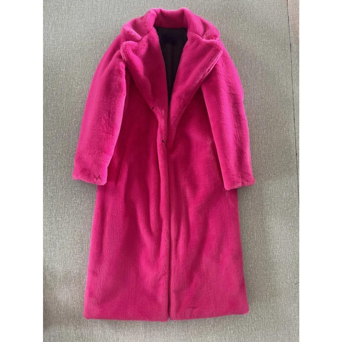 

VAYLA Зимнее Женское Высококачественное Роскошное Длинное Пальто из Искусственного Кроличьего Меха с Лацканами, Толстая Теплая Женская Плюшевая Куртка Большого Размера 5XL XXXL ярко-розовый