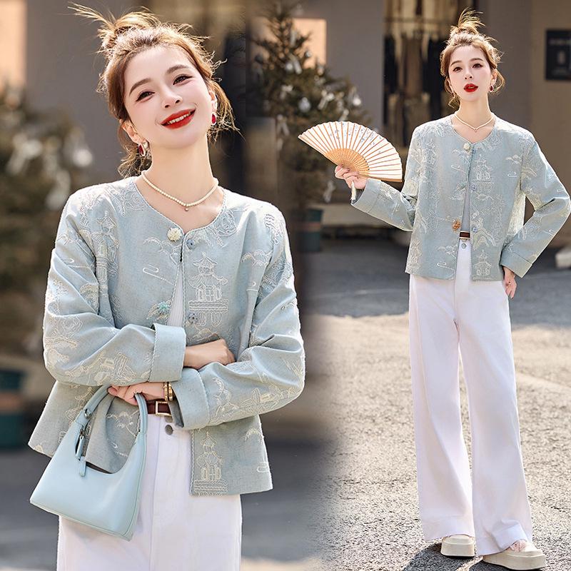 Spring 2025 Women's Embroidered Round Neck Jacket - High-End Chinese National Style, YE6351