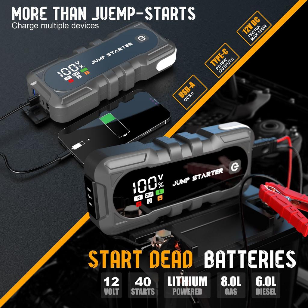Portable Jump Starter Power Bank Fast Charging LED Light Car Battery Charger Truck & Motorcycle Peak Current 2500A