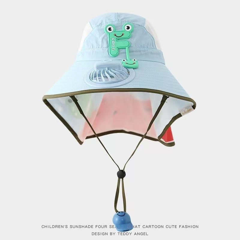 Kids Wide Brim Sun Hat Solar Rechargeable Fan Neck Flap Uv Protection For Summer Beach Activities