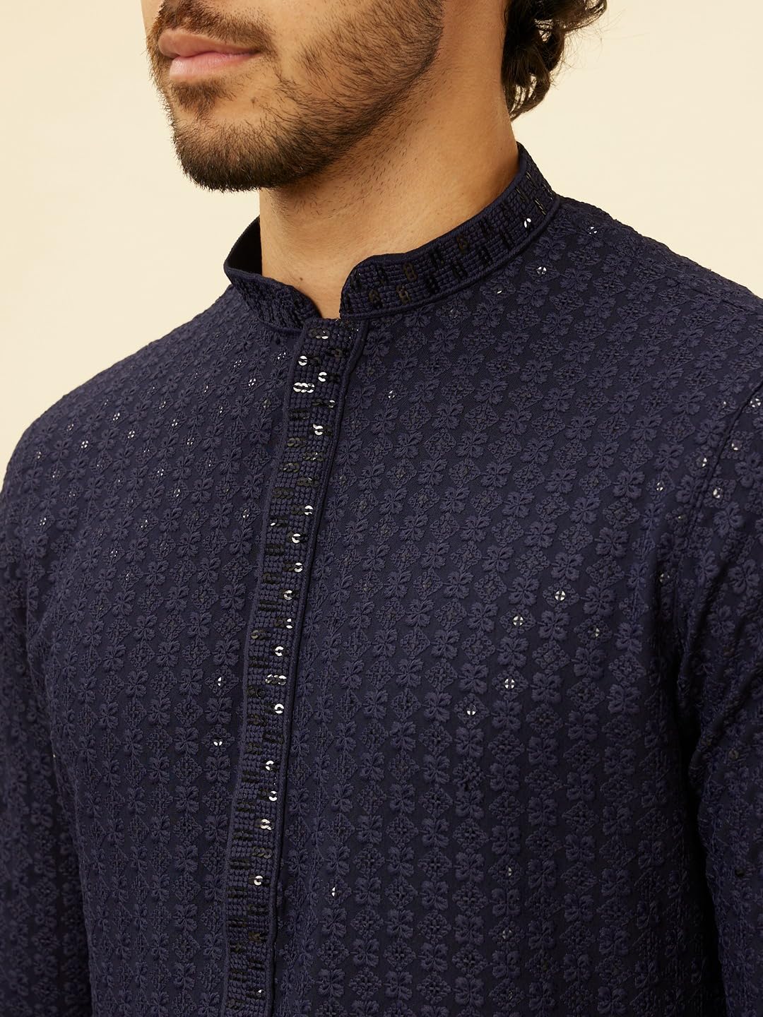 Manyavar Mens Blue Viscose Embroidered Kurta Pyjama Set S синий