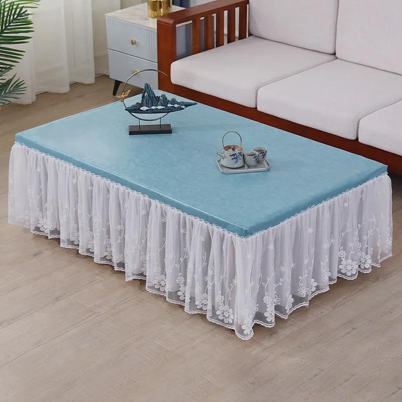 Waterproof Heat-resistant Table Cover Embroidered Lace Edge Leather Tablecloth Dining Table Chiffon Hem Oil Proof Dust Cover