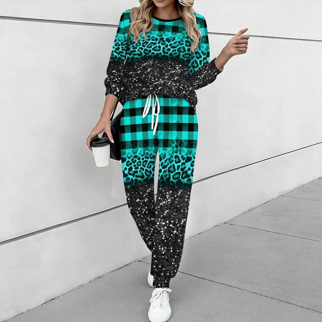 Women Leopard Print Two Piece Outfit, Long Sleeve Crew Neck Top & Drawstring Jogger Pants Casual Tracksuit for Spring Autumn