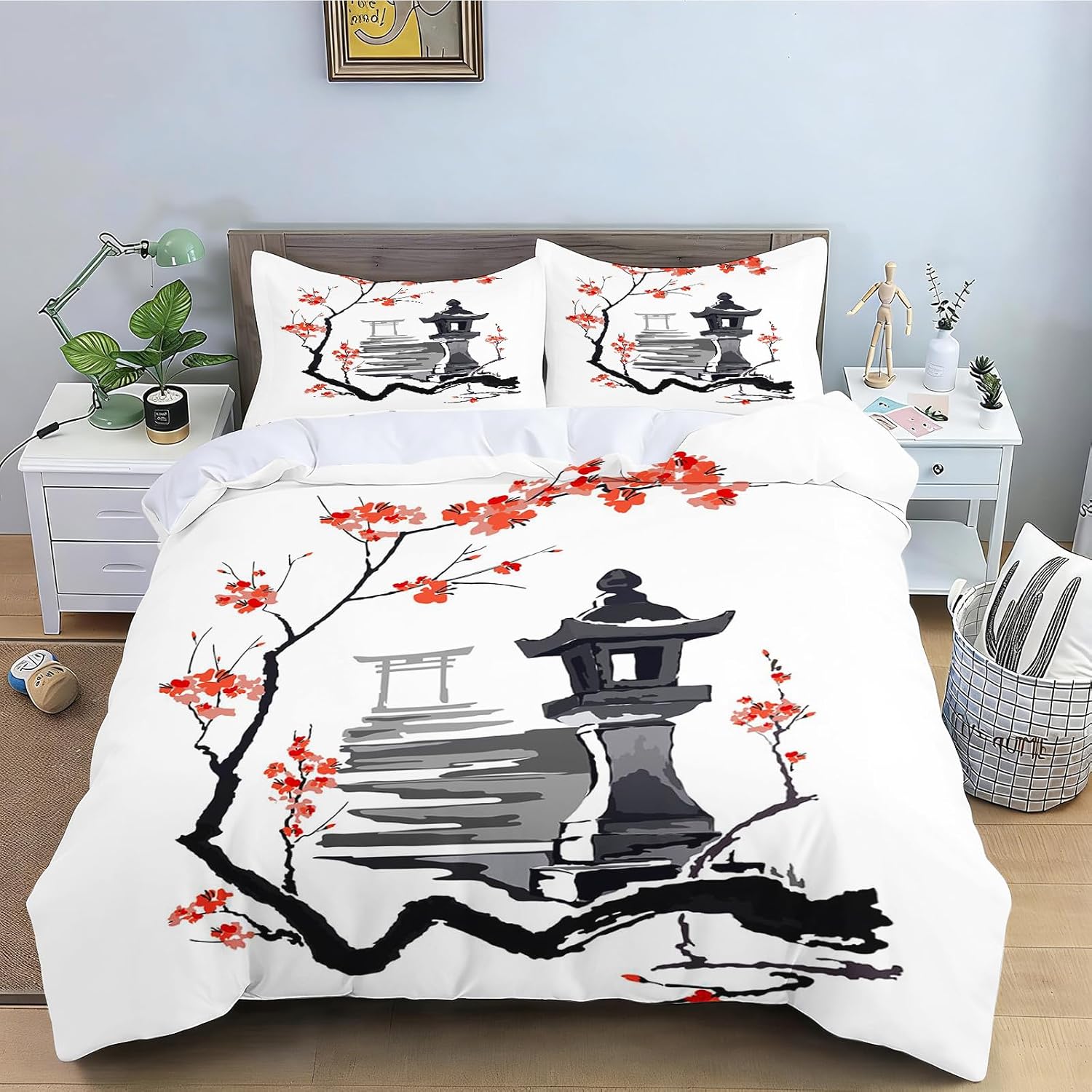 Japán stílusú paplanhuzat párnahuzattal, Cseresznyevirág ágyneműgarnitúra, Mikroszálas, Fakulásálló hegyi táj paplanhuzat garnitúra 90×200cm&Duvet Cover