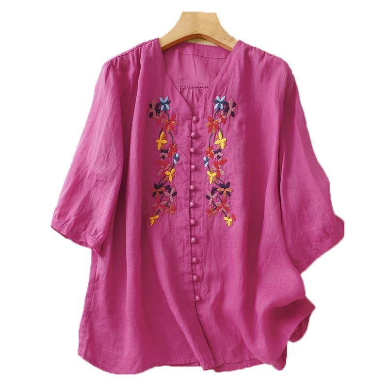 2025 Sommer neues besticktes V-Ausschnitt Fünfviertelarm Damen lockeres und vielseitiges dünnes Hemd
