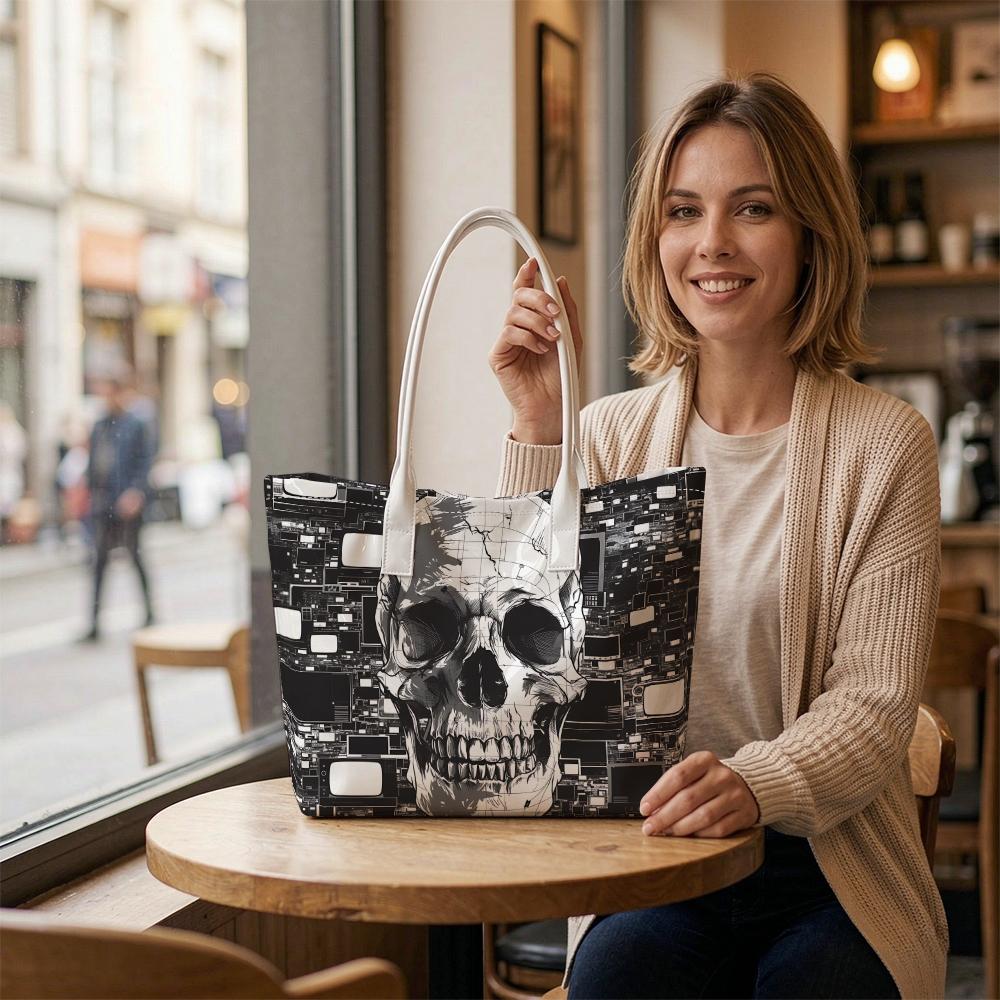Gothic Skull Printed Tote Bag Fashion Daily Carry Shoulder Bag Unique Design Casual Handbag