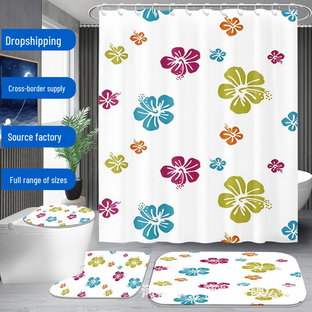 

Floral Pattern Shower Curtain Set with Partition (4 Pieces) and 12 Hooks, No-Drill Installation. 12 Hooks