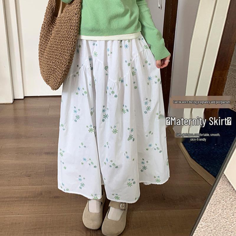 

Gentle Floral Embroidery High-Waisted Maternity Midi Skirt - No Belly Support, A-Line, Umbrella Style (2026 Summer Collection) M