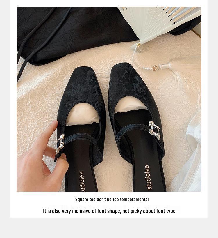 Grape Mom French Square Toe Diamond Buckle Low Heel Pointed Toe Mule Slippers for Women