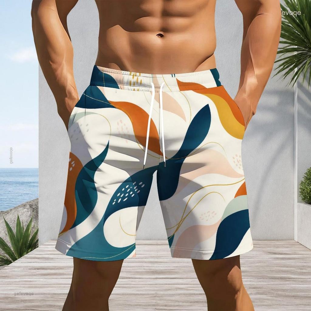Men Plus Size Colorful Printed Beach Shorts Drawstring Waist Side Pockets Straight Leg